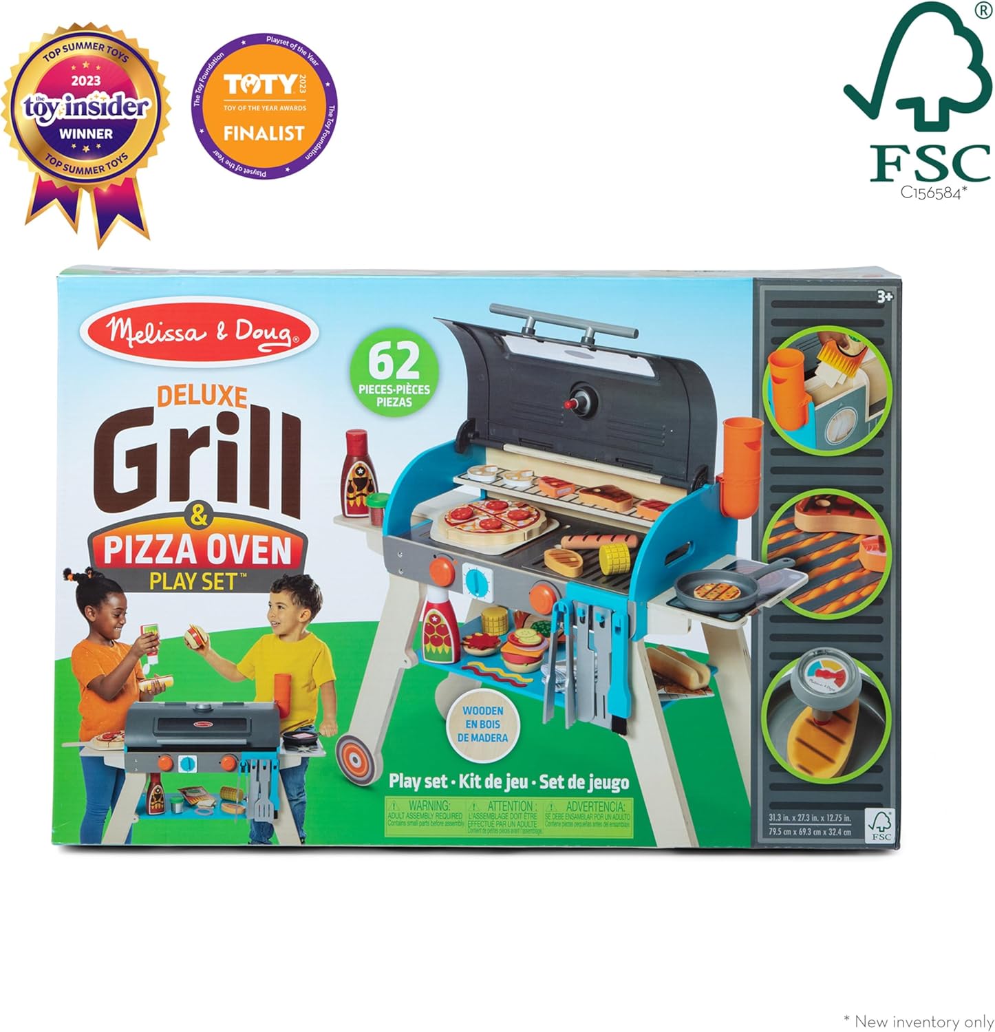 Melissa & Doug Deluxe Wooden Barbecue Grill & Smoker | Kids Play Kitchen Set with Toy Food - FSC Certified