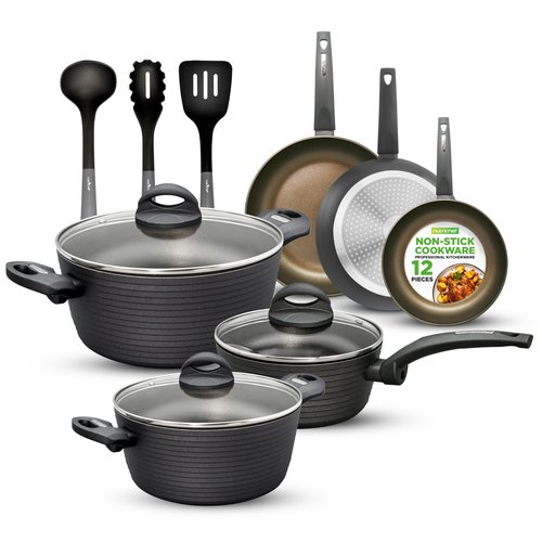 NutriChef 12-Piece Nonstick Kitchen Cookware Set - Professional Hard Anodized, Includes Saucepan, Frying Pans, Cooking Pots, Dutch Oven Pot, Lids, Utensils - NCCW12S, Black