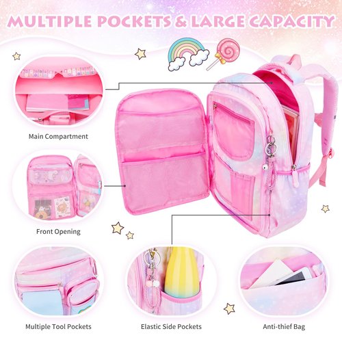 BYXEPA Girls Backpack, School Backpacks 16 * 11.5 * 6.7in for Girls, Cute Book Bag with Compartments for Girl Kid Students Elementary School, Pink