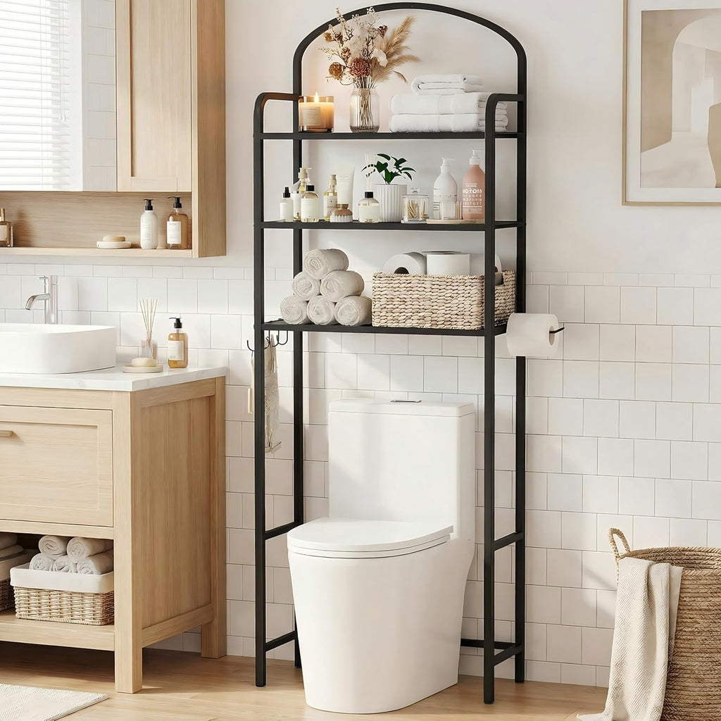 Regine Switzerland Over The Toilet Storage Rack - 3-Tier Bathroom Organizer with Hooks & Paper Holder - Black Metal Shelf