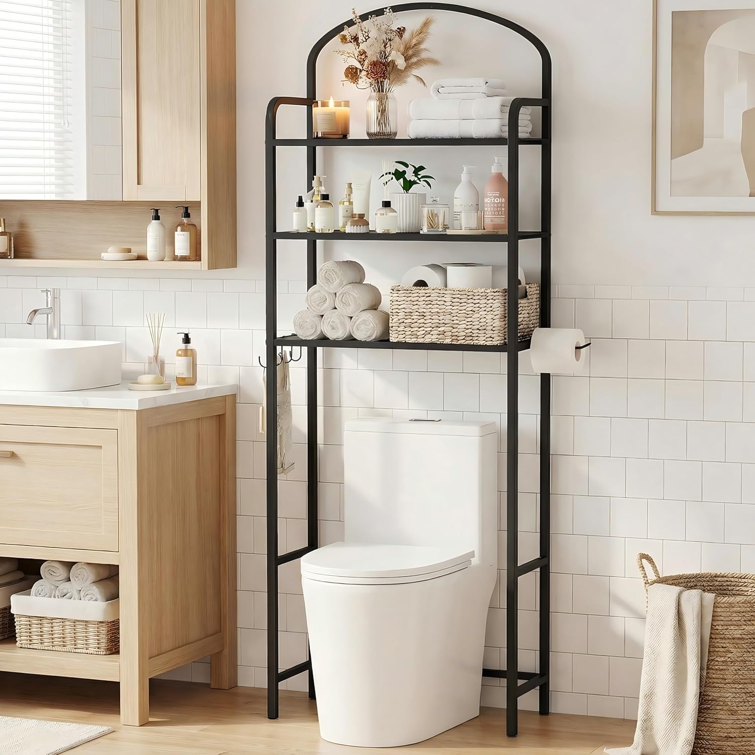 Regine Switzerland Over The Toilet Storage Rack - 3-Tier Bathroom Organizer with Hooks & Paper Holder - Black Metal Shelf