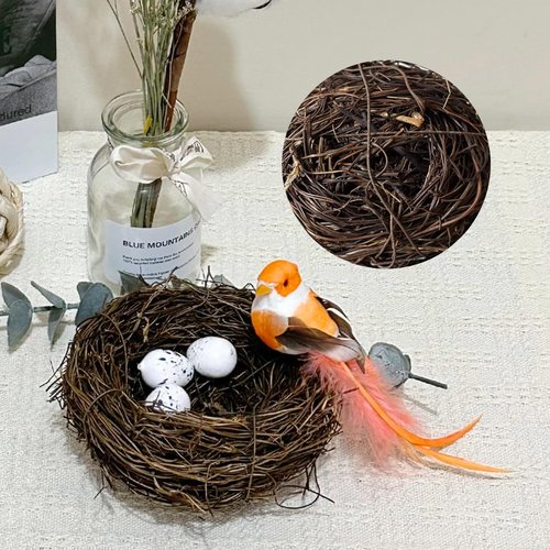 LWINGFLYER Artificial Birds Nest with Eggs 2 Sets Large Decorative Rattan Birds Nest 4.7Inch for Spring Christmas Tree Ornaments Easter Decor Crafts Patio Garden Home Decor