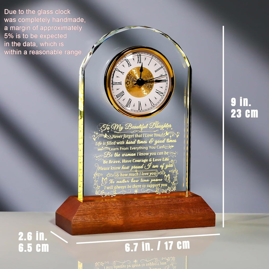 Ornalrist Glass Clock for Daughter - Heartfelt Gift from Mom & Dad with Wooden Base | Warm Light Design
