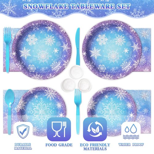 Frozen Birthday Party Decorations - Serve 24, Snowflake Party Supplies, Winter Wonderland Disposable Tableware Include Plates, Napkins, Cups, Forks, Knives, Spoons for Christmas