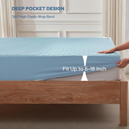 BEDLORE Waterproof Mattress Protector - Soft Queen Size Pad with Deep Pocket (6"-18" Depth) - Sky Blue
