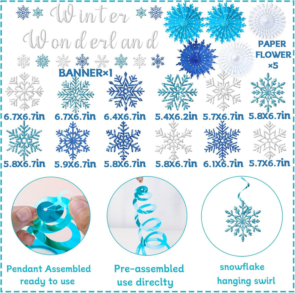 Winter Wonderland Decorations - Blue Glitter Banner & Snowflake Ornaments for Festive Indoor Decor