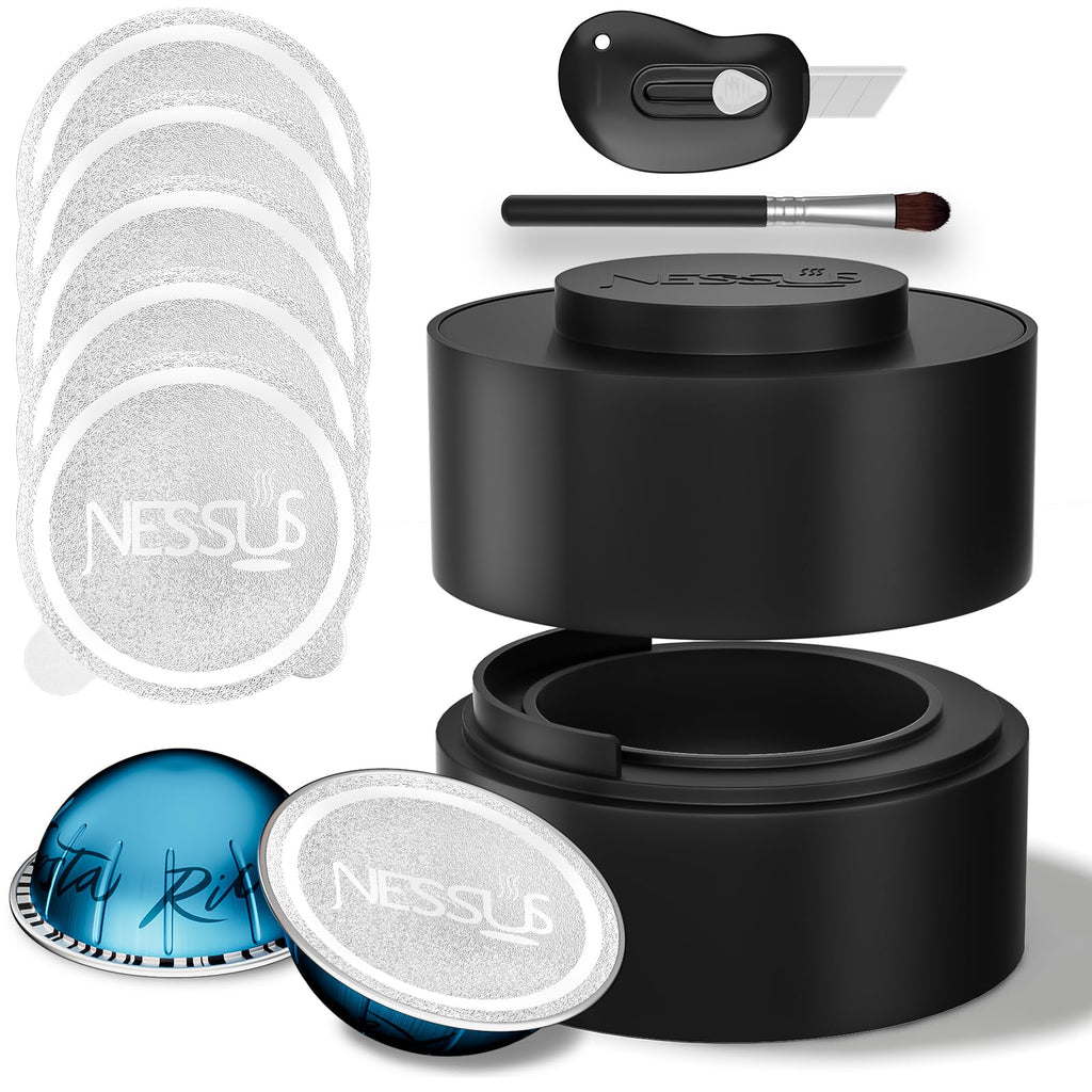 Reusable Pods Kit for Nespresso Vertuo, Refillable Vertuo Coffee Pods Espresso Accessories with 100 pcs Foil Seals Lids, Holder and Brush for Nespresso Vertuo Plus Next Capsule Machine