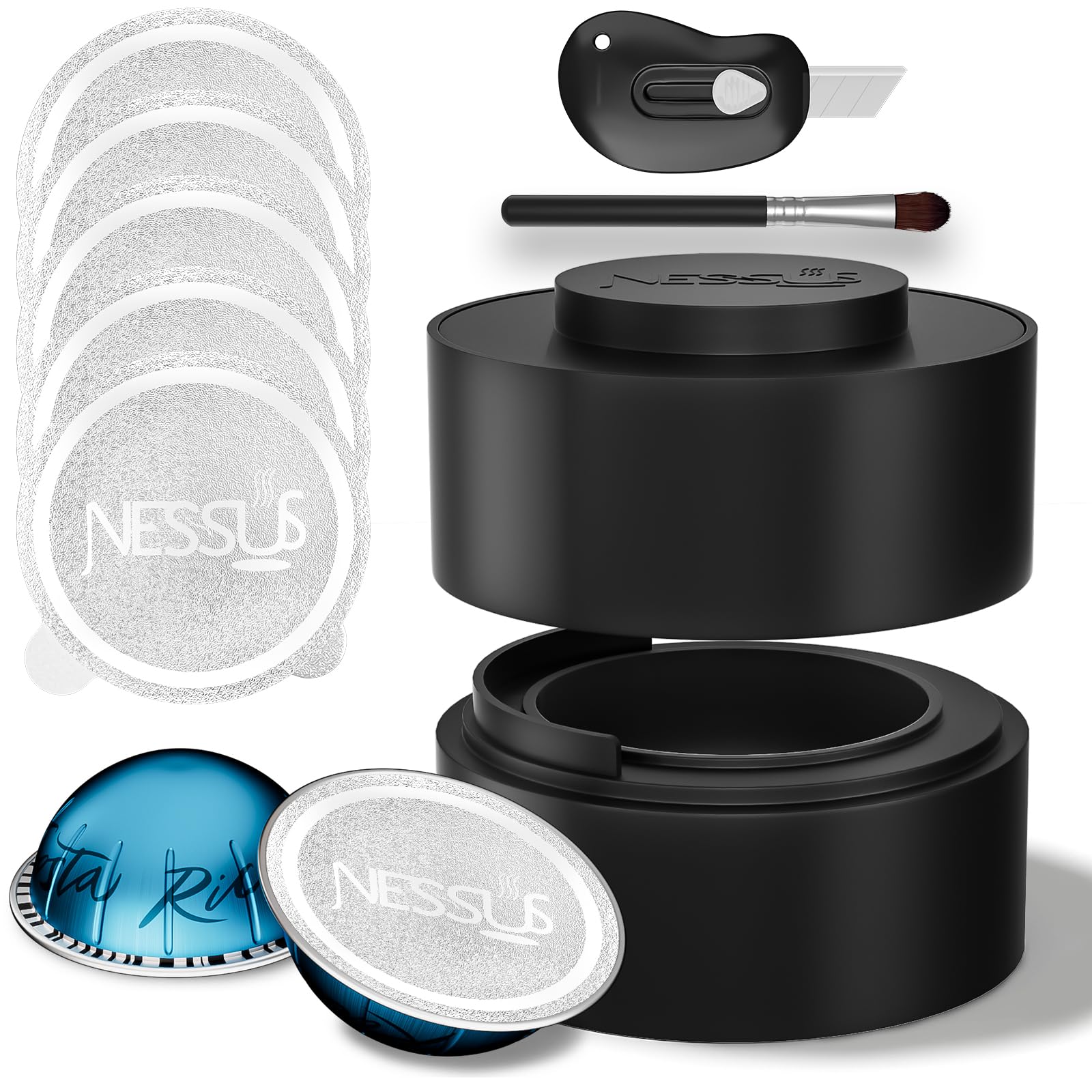 Reusable Pods Kit for Nespresso Vertuo, Refillable Vertuo Coffee Pods Espresso Accessories with 100 pcs Foil Seals Lids, Holder and Brush for Nespresso Vertuo Plus Next Capsule Machine