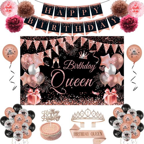 JKIYT Happy Birthday Decorations for Women Girls, Black Rose Gold Birthday Party Decor Include Sash and Crown, Balloons, Banner, Backdrop, Cake Topper & 6pcs Paper Pom Poms (Black rose gold)