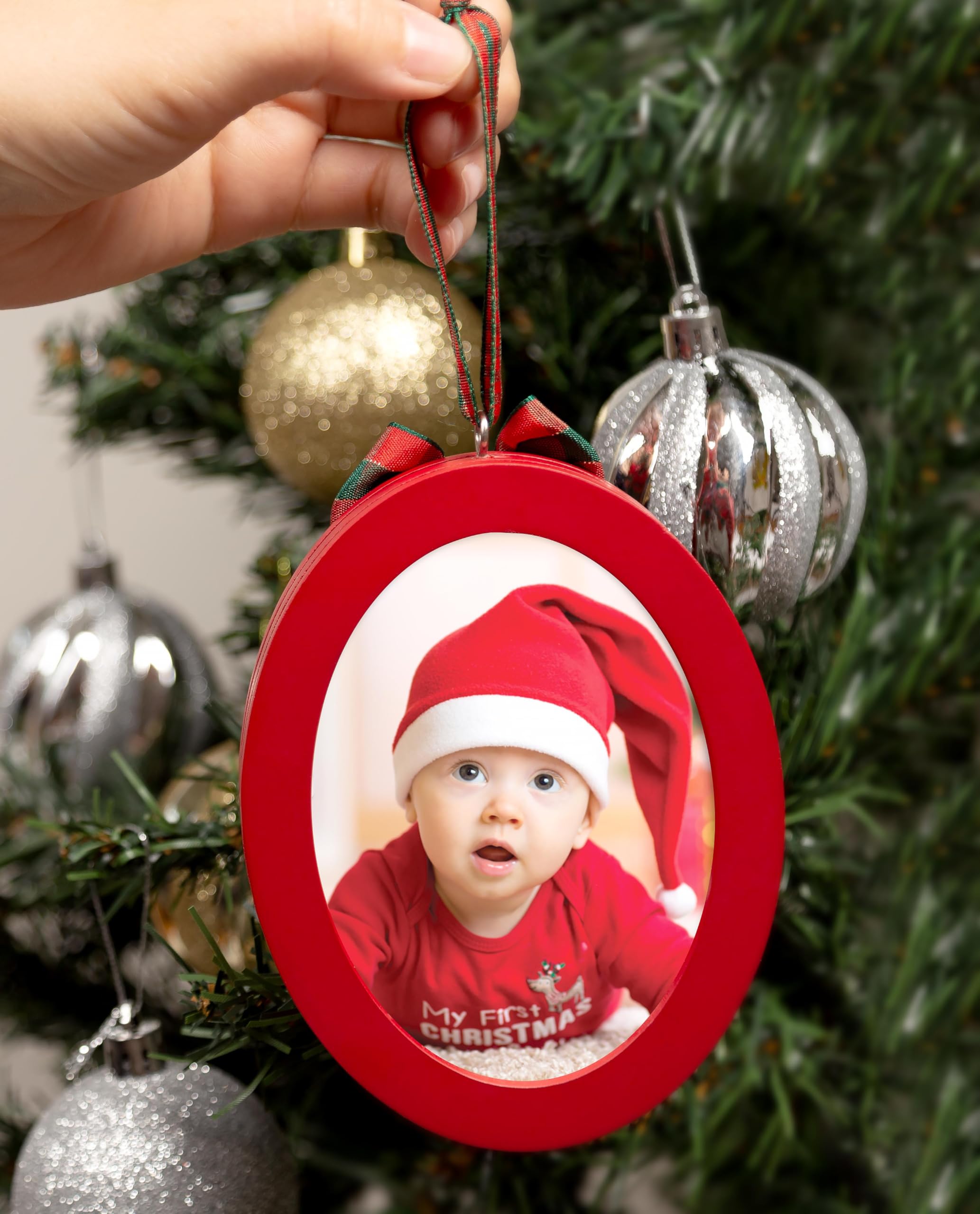 Pearhead Babyprints Double-Sided Christmas Ornament, First Holiday Keepsake Frame with Clean-Touch Ink Pad, Newborn Handprint Footprint Kit, Infant Photo Decoration, Red