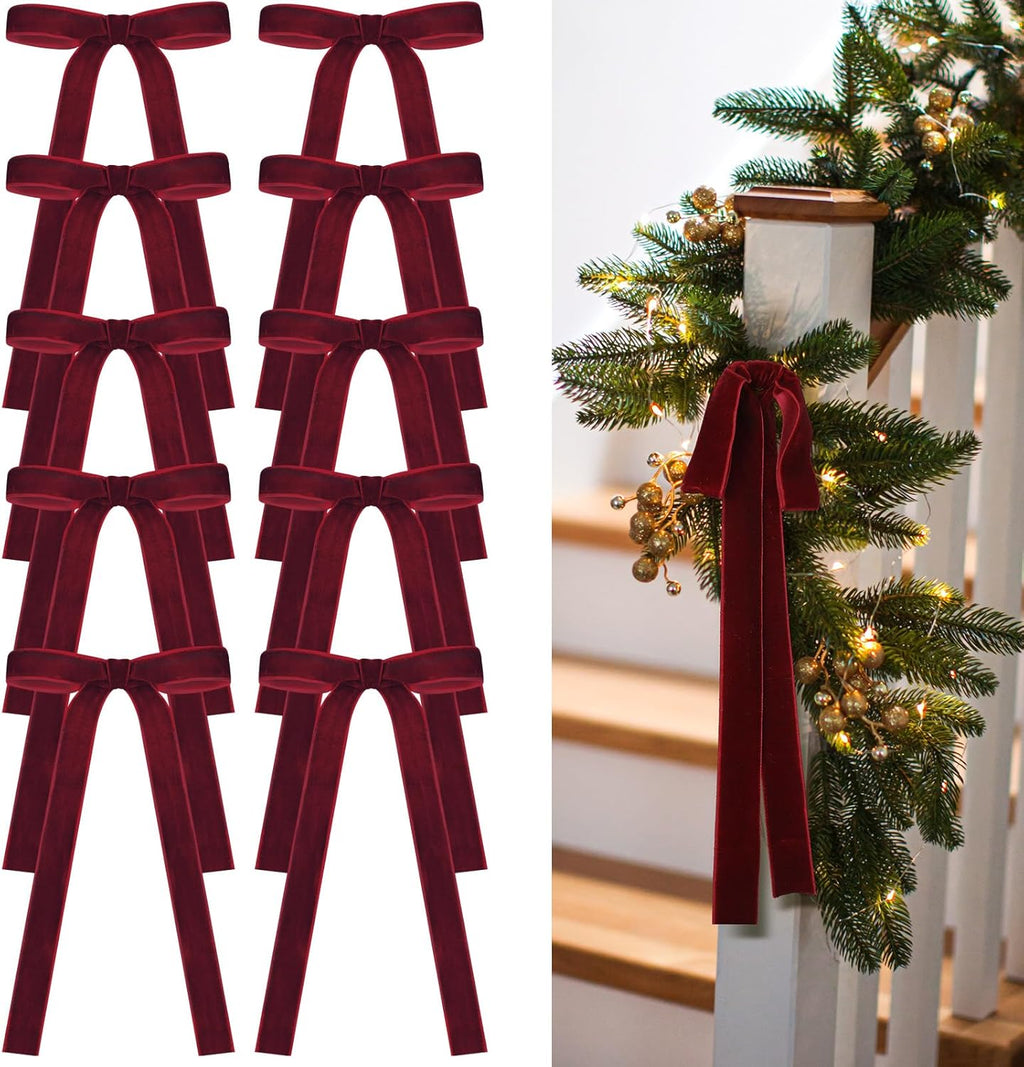 Skiennix 24 Pcs Velvet Bows - Vintage Ribbon Bows for Christmas Tree & Crafts | Burgundy, 9 x 13 Inch