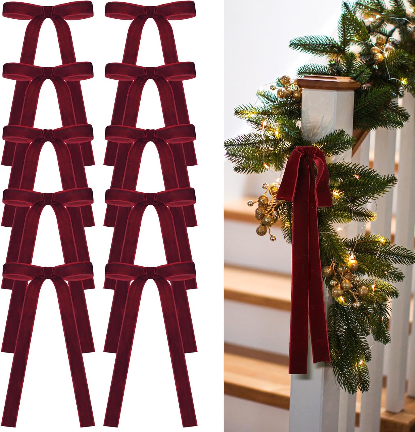 Skiennix 24 Pcs Velvet Bows - Vintage Ribbon Bows for Christmas Tree & Crafts | Burgundy, 9 x 13 Inch