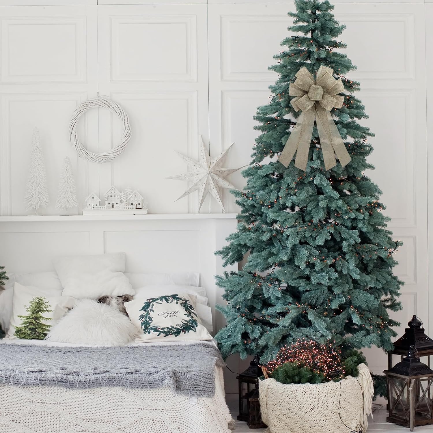 Natural Burlap Wreath Bow by Christmas | 20 x 11 Inches | Holiday Khaki Ribbon for Front Door Decor