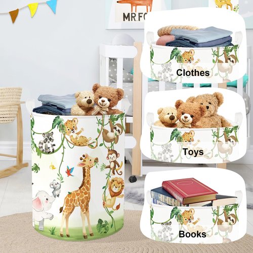 HUUMONSS Giraffes Baby Laundry Hamper with Handle Collapsible Clothes Kids Storage Basket Elephants Boys Girls Gift Toy Box Bin for Nursery Room, White, 63L