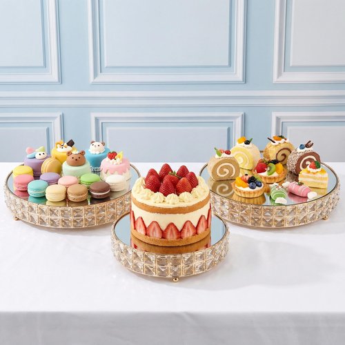 Goaste 3 Pack Crystal Cake Display Stand with Mirror, 14" 12" 10" Metal Pedestal Gold Round Cake Plate Stand, Dessert Cookies Fruit Serving Tray with Shining Crystal Beads for Wedding, Birthday Party