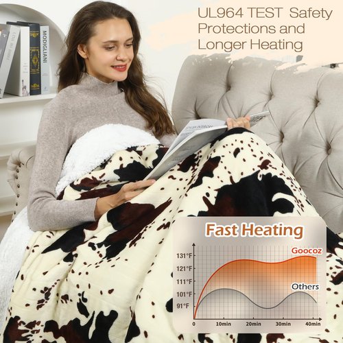 Cow Print Heated Blanket, 90"x100" Electric Blanket King Size Dual Control, Cozy Soft Flannel Sherpa Heating Blankets with 9 Heat Levels & 2/4/8/12H Auto-Off