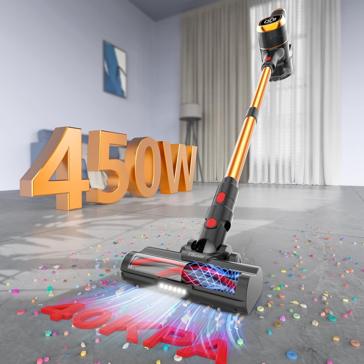 Tikom V500 Cordless Vacuum Cleaner - 40000Pa Suction Power, LED Touch Screen, Lightweight Design for Pet Hair & Carpets