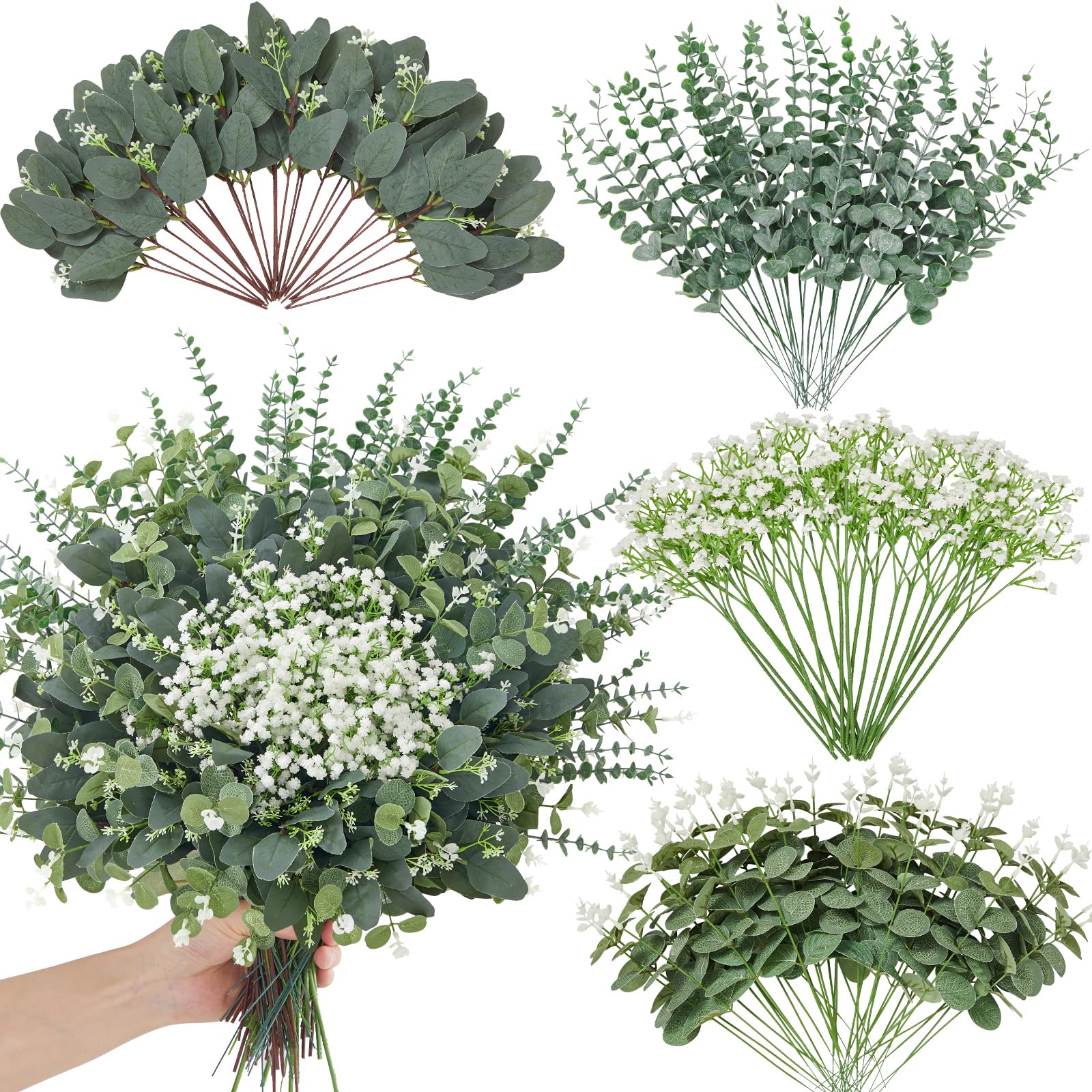 Faylifeway 120 Pcs 4 Kinds Mixed Eucalyptus Greenery Stems, Baby Breath Flowers Artificial Bulk and Greenery Stems for DIY Bouquets Wedding Home Floral Decor
