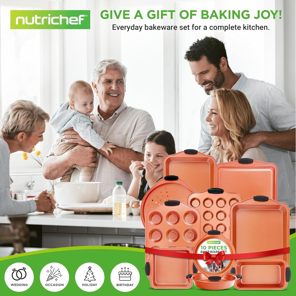 NutriChef 10-Piece Nonstick Baking Pans Set - Versatile Bakeware for Cookies, Cakes & Roasting | Includes Cookie Sheet, Muffin Pan, Cake Pan & Pizza Pans