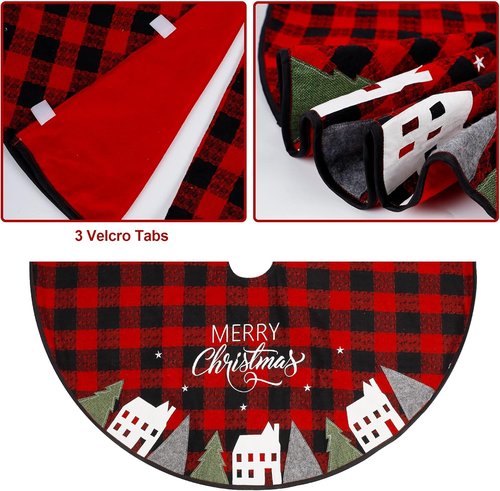 Juegoal 32-Inch Christmas Tree Skirt - Soft Red and Black Plaid Xmas Tree Mat for Holiday Decor