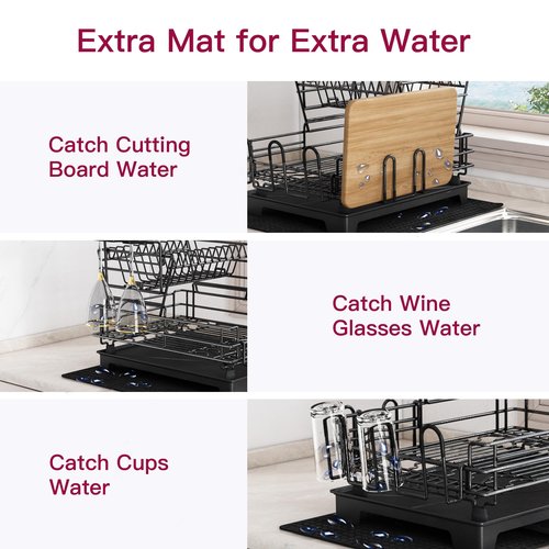 BOOSINY 2 Tier Black Large Stainless Steel Dish Drainers Drying Rack for Kitchen Counter with Drainboard, Rust Proof Metal, Space Saving, Modern Aesthetic, Compact Plates Strainers with Extra Mat