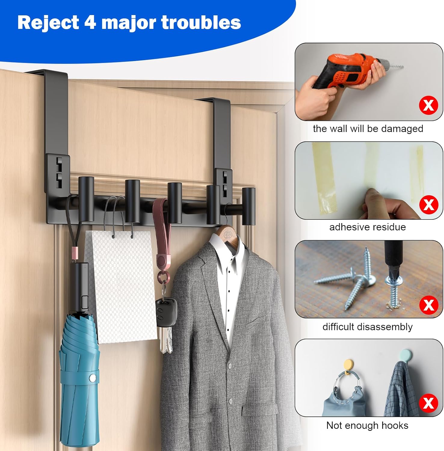 PMMASTO Over The Door Hooks - Coat Rack Organizer & Towel Holder for Bathroom | Black 5 T-Hooks, Fits 1-3/4" Thick Door