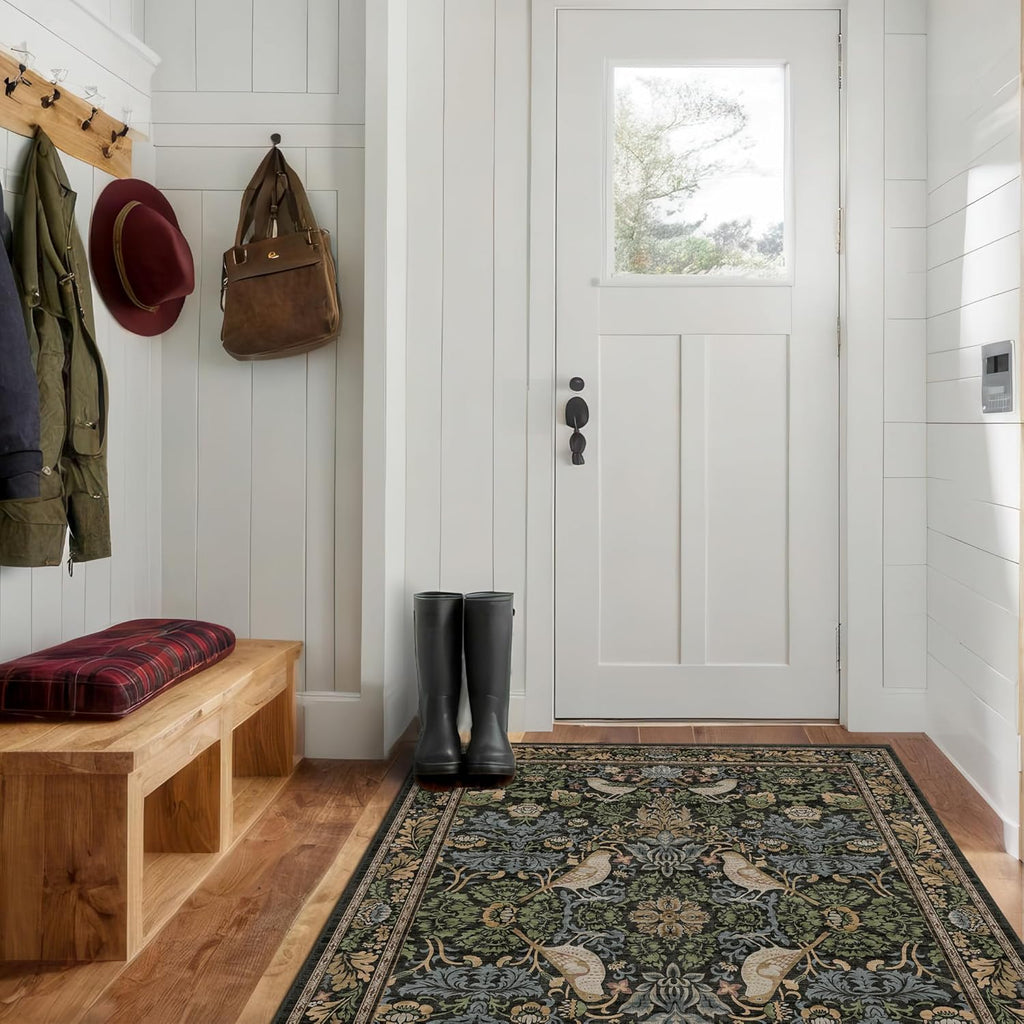 Skiennix Large Entryway Rug - 3x5 Washable Indoor Mat with Moody Woodland Flowers | Non-Slip, Stain Resistant