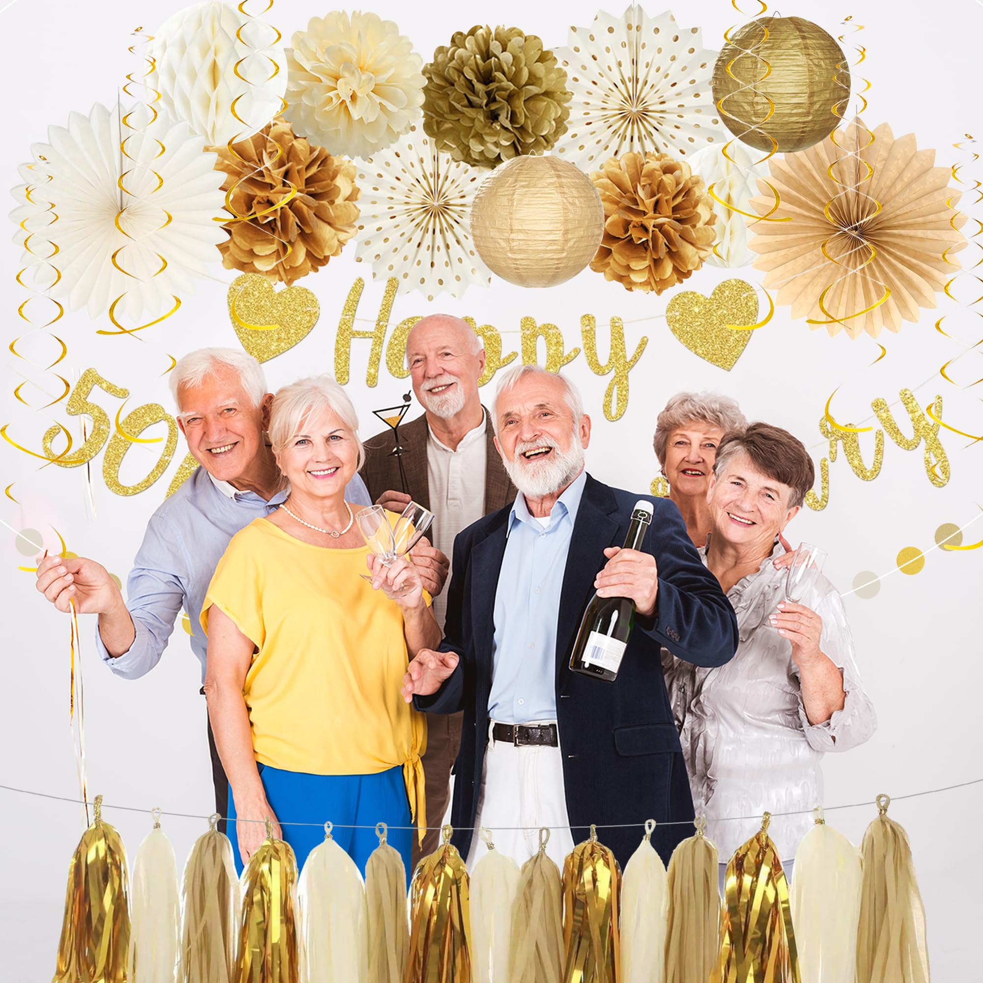 Roetyce 50th Anniversary Decorations, Gold Glitter Happy 50th Anniversary Banner Photo Background for Women Men, Cheers to 50 Years Backdrop Pompoms Paper Fans Party Supplies Dad Mom
