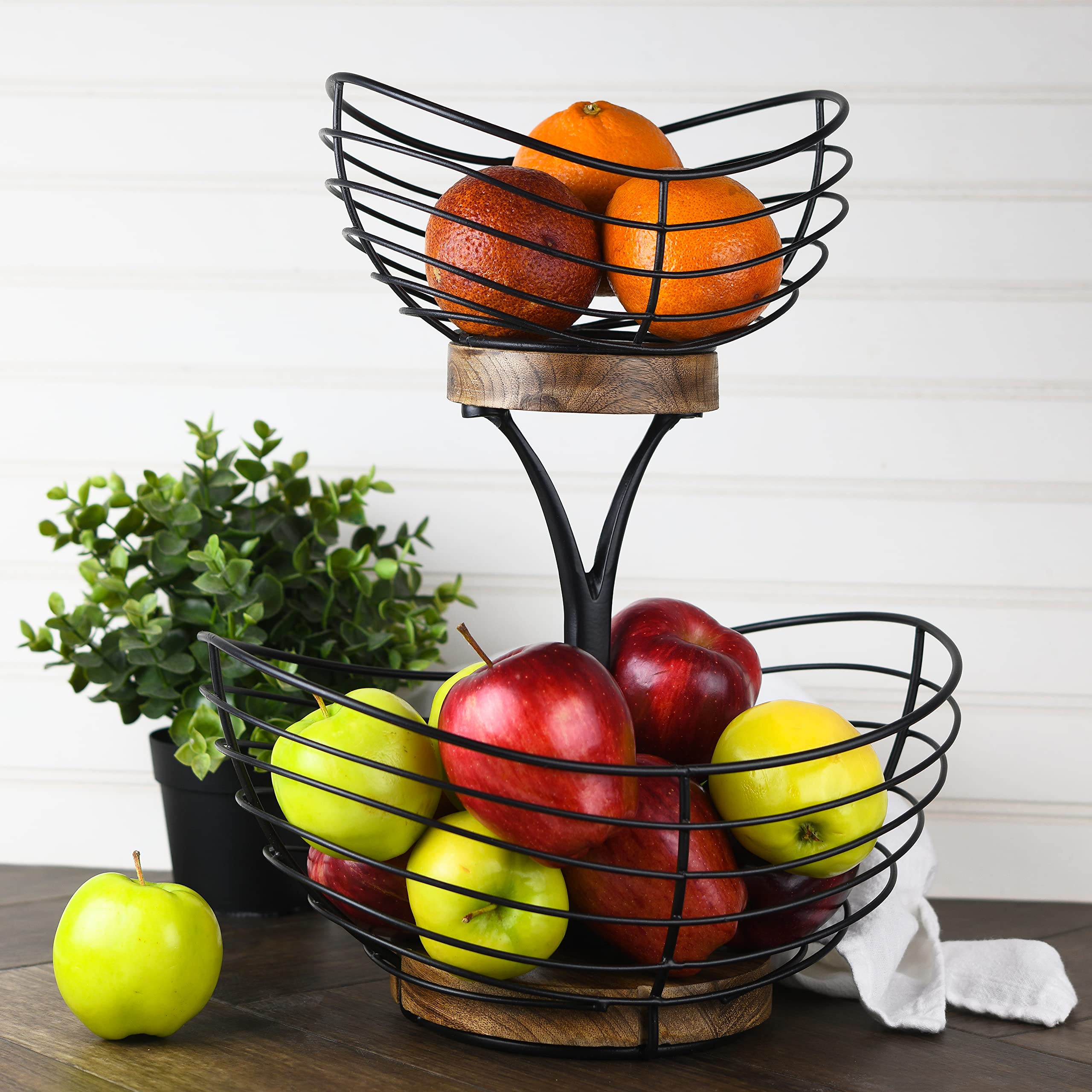 Tribello Modern Farmhouse 2 Tier Fruit Basket for Kitchen Counter, Vintage Wire and Wooden Base Fruit Bowl / Stand for Kitchen countertop Decor - Double Tree Fruit & Vegetables Basket