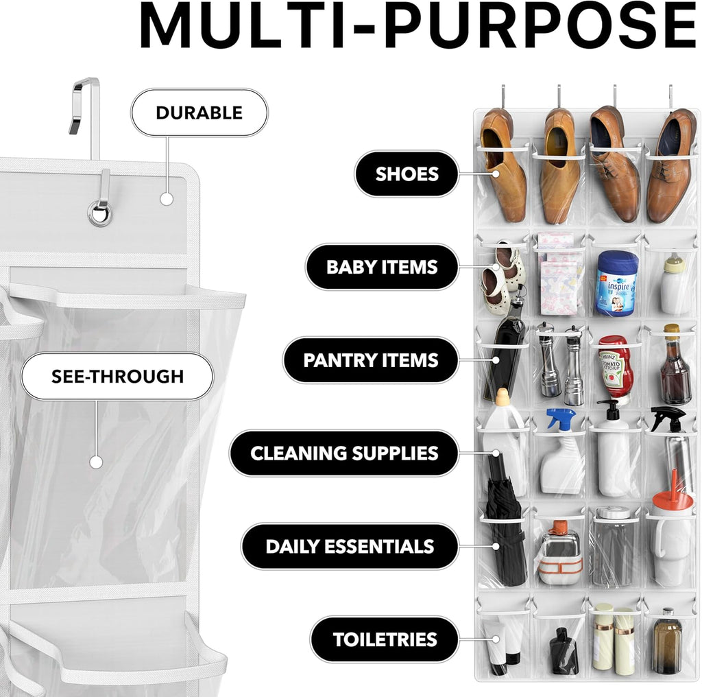 Simple Houseware Over The Door Shoe Organizer - 24 Clear Pockets, White (56" x 22.5")