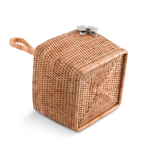 Vagabond House Utensil Caddy - Elegant Rattan Cutlery Holder for Party, Designer Utensil Holder with 4 Compartments, Functional Wicker with Pewter Orchid Flower, Ideal for Tropical Home 12 Inches