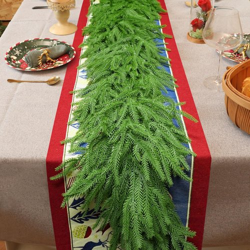 6 Ft 2 Pcs Artificial Norfolk Pine Garland, Real Touch Green Faux Greenery Garland for Christmas Table, Mantle, Wall, Fireplace, Indoor Outdoor Decor