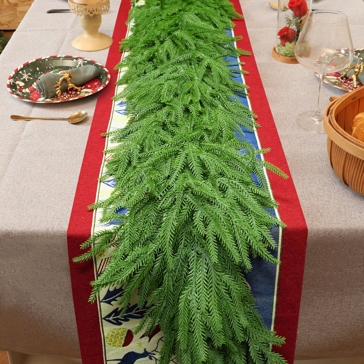24 FT (4 * 6FT) Christmas Norfolk Pine Garland, Real Touch Dense Faux Greenery Garland for Mantle, Table, Wall, Indoor & Outdoor Christmas Decorations