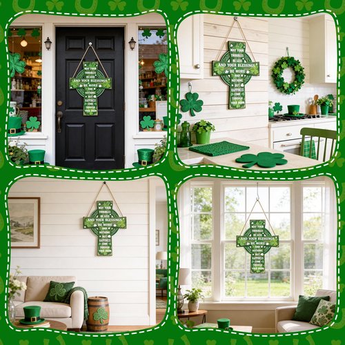 YGEINIT St Patrick's Day Door Wreath Decorations Happy Wooden St. Patrick's Day Sign Cross Lucky Shamrock Clover Irish Blessing Spring Decor for Wall Outdoor Home Party Living Room Decoration