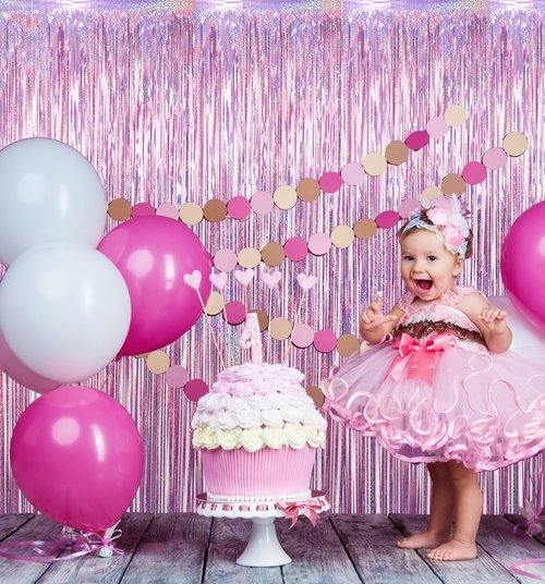 GOER Metallic Tinsel Foil Fringe Curtains - 3.2 ft x 8.2 ft | Perfect for Birthday, Graduation & Wedding Decor (4 Packs, Laser Pink)