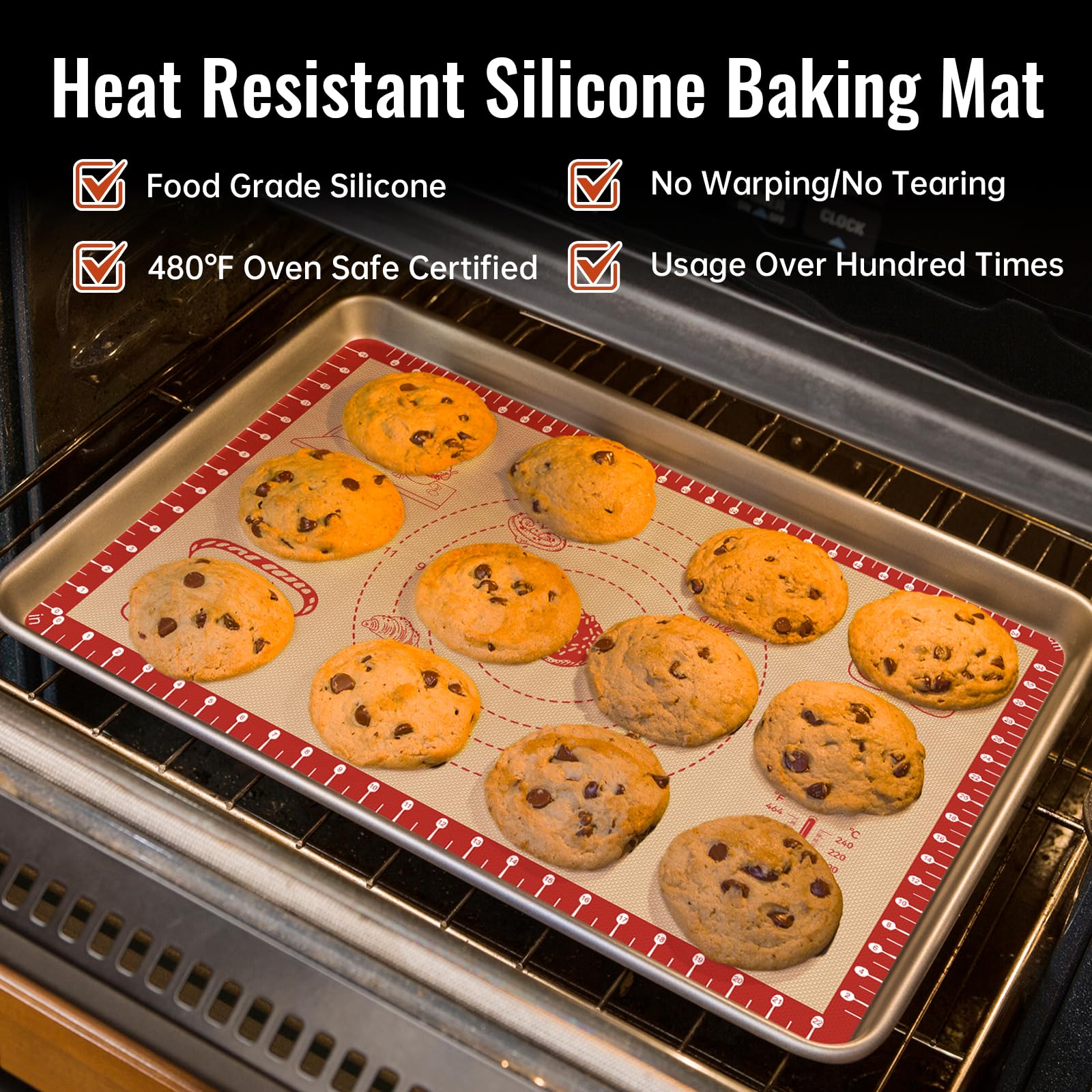 Extra Thick Silicone Mat for Baking, Silicone Baking Mat with 10 Easy Recipes, Non Stick Silicone Pastry Mat, kneading Dough Rolling Mat, Macaron, Cookie, bread, Pizza, Fondant/Pie Crust