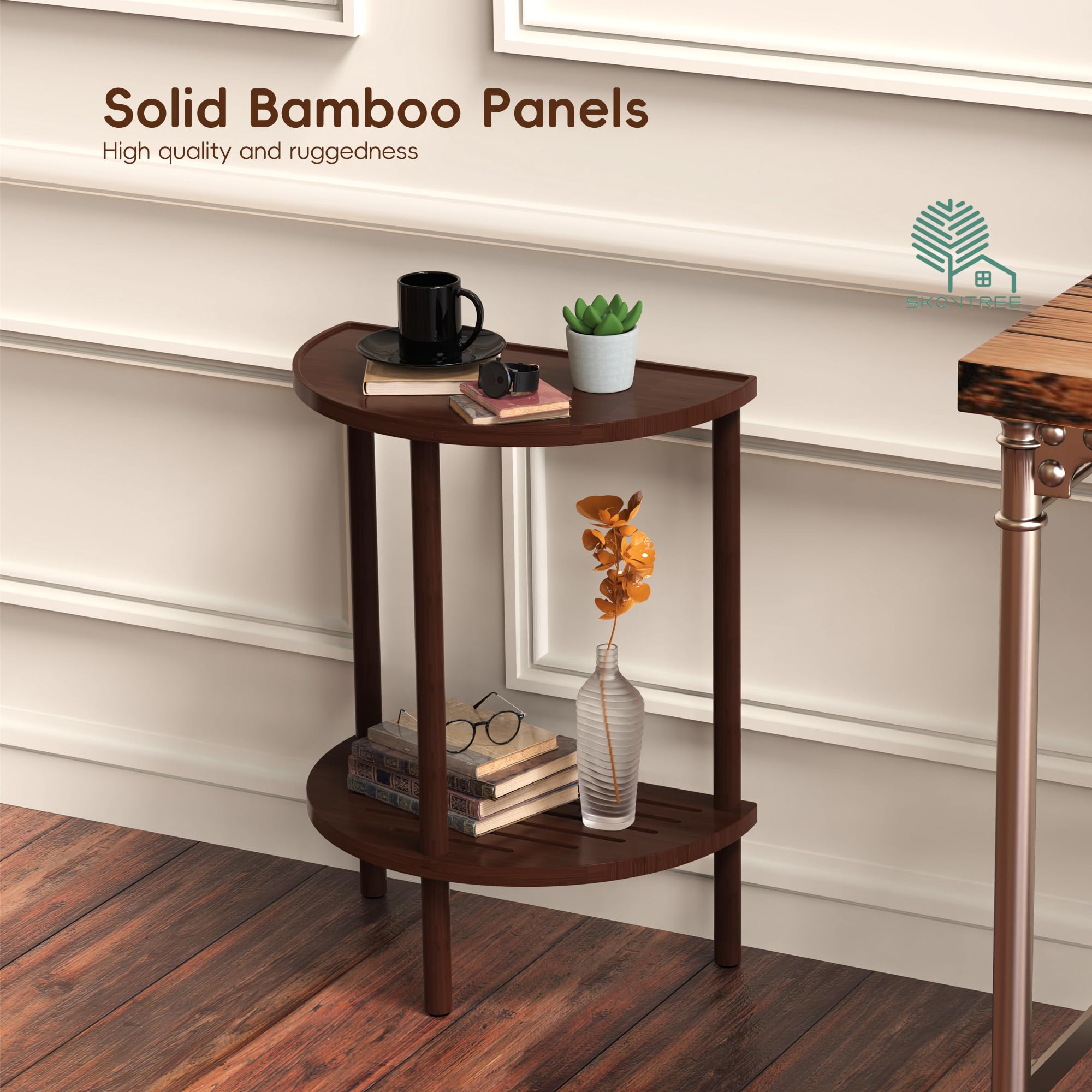 Skovtree End Table, Half Moon Side Tables, Living Room Half Round 2 Tier Tables, NightStand for Small Space in Living Room Bedroom, Couch Tables with Storage Shelf, Boho Side Table (Brown)