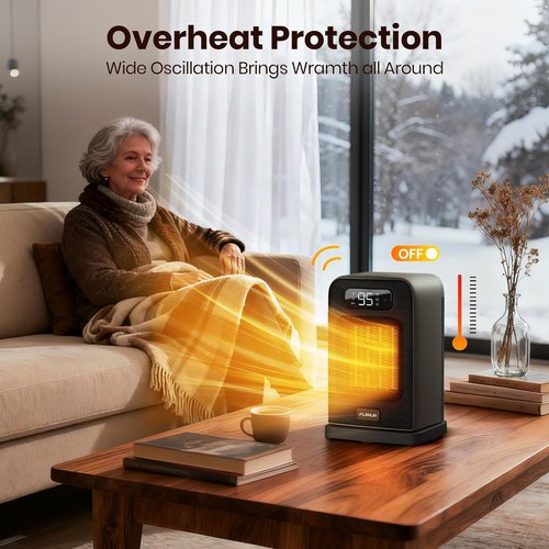 FLANUR 1500W Space Heater - Compact Desk Heater with Remote, Thermostat & 12H Timer | Oscillating Black Design for Home & Office