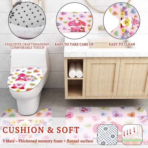 Drydiet 4 Pcs Valentines Shower Curtain Set with Non Slip Rugs Toilet Lid Cover Bath Mat and 12 Hooks Gnome Candy Conversation Heart Truck Bathroom Decor Valentine Shower Curtain for Bathroom