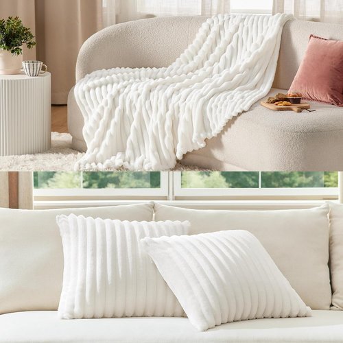 Bedsure Fleece Blanket - Soft Off White Throw with Pillow Covers | Cozy Home Essential