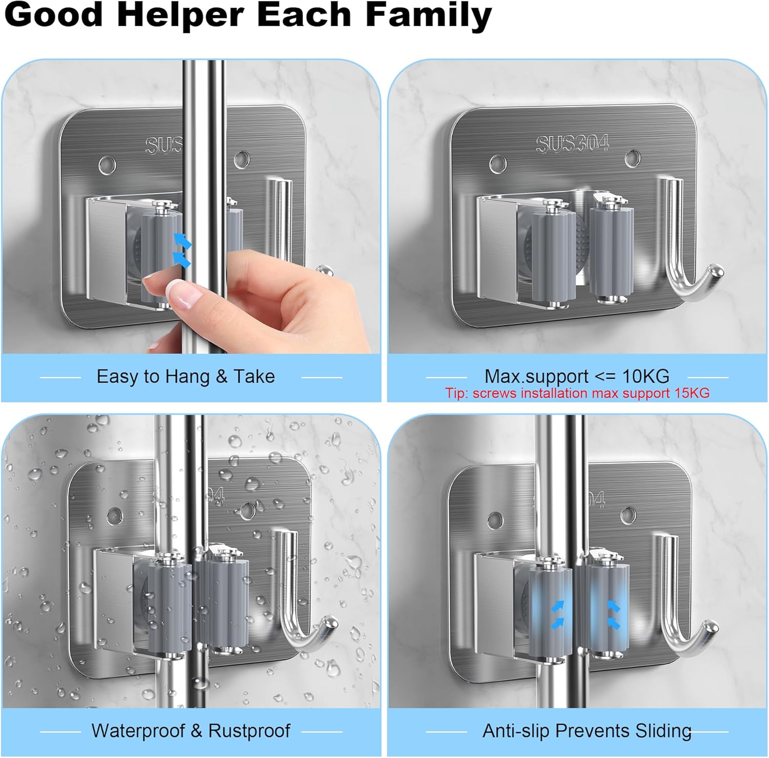 Skiennix Stainless Steel Mop & Broom Gripper - Wall-Mounted Holder for Closet & Garage | 4 Pack, Silver