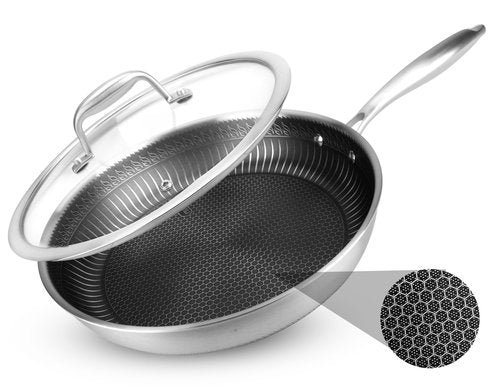 NutriChef 12" Stainless Steel Frying Pan with Lid- Triply Hybrid Large Skillet, Scratch-resistant Raised-up Honeycomb Fire Textured Pattern, Oven & DIshwasher Safe, NC3PL12