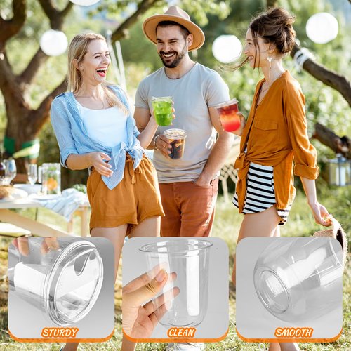 Kuihaazi 50 Pack Clear Plastic Cups with Strawless Sip Lids,16 oz Iced Coffee Cup,Disposable PET Crystal Round Bottom To Go Cup for Cold Beverage,Juice,Smoothie,Milkshake,Wedding,Party