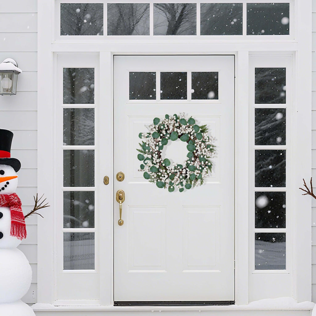 WSTPUPU Artificial Winter Wreath 22inch Christmas Wreaths for Front Door White Berry Wreath with Eucalyptus Leaves Pine Needles White Berries for Xmas Wall Farmhouse Window Winter Holidays