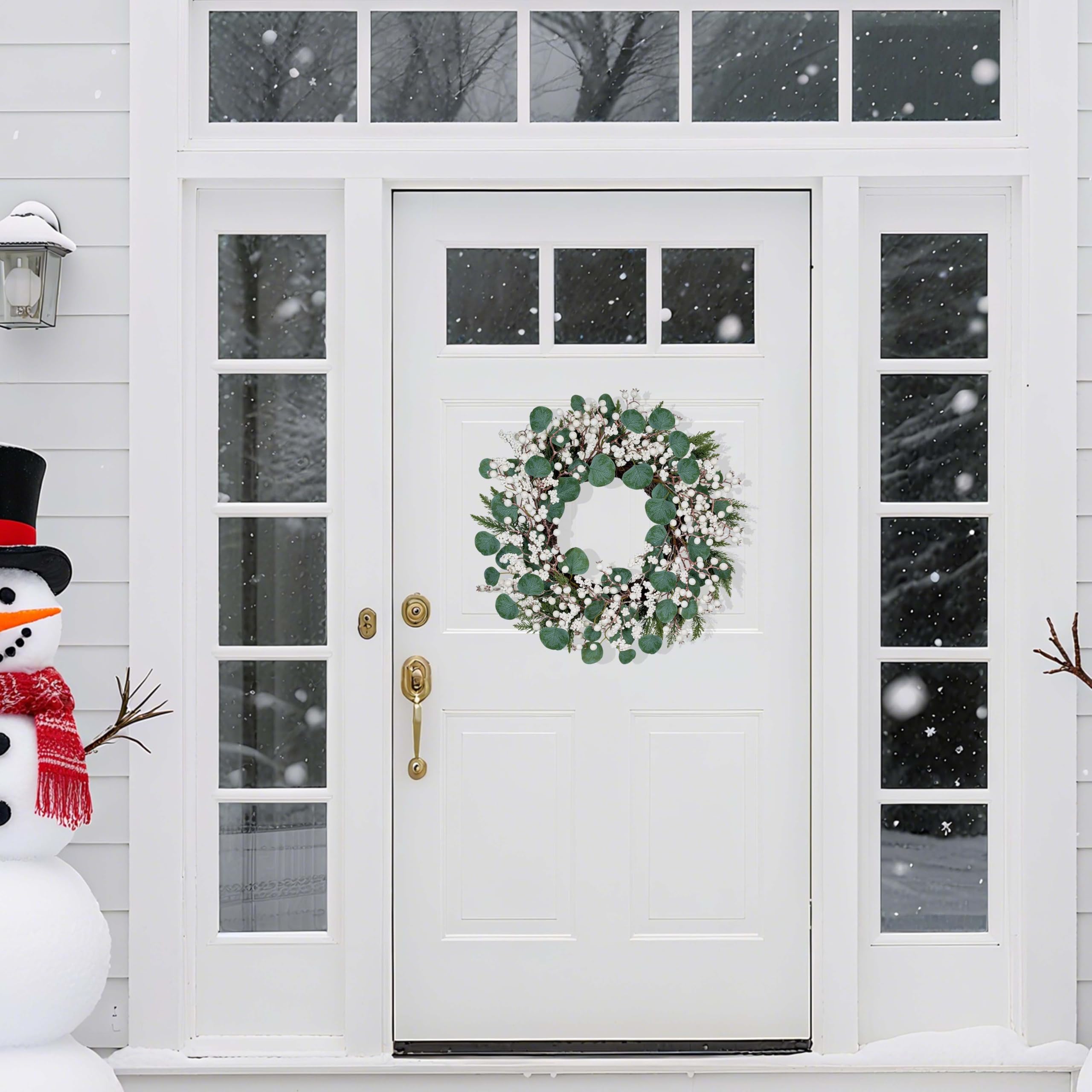 WSTPUPU Artificial Winter Wreath 22inch Christmas Wreaths for Front Door White Berry Wreath with Eucalyptus Leaves Pine Needles White Berries for Xmas Wall Farmhouse Window Winter Holidays