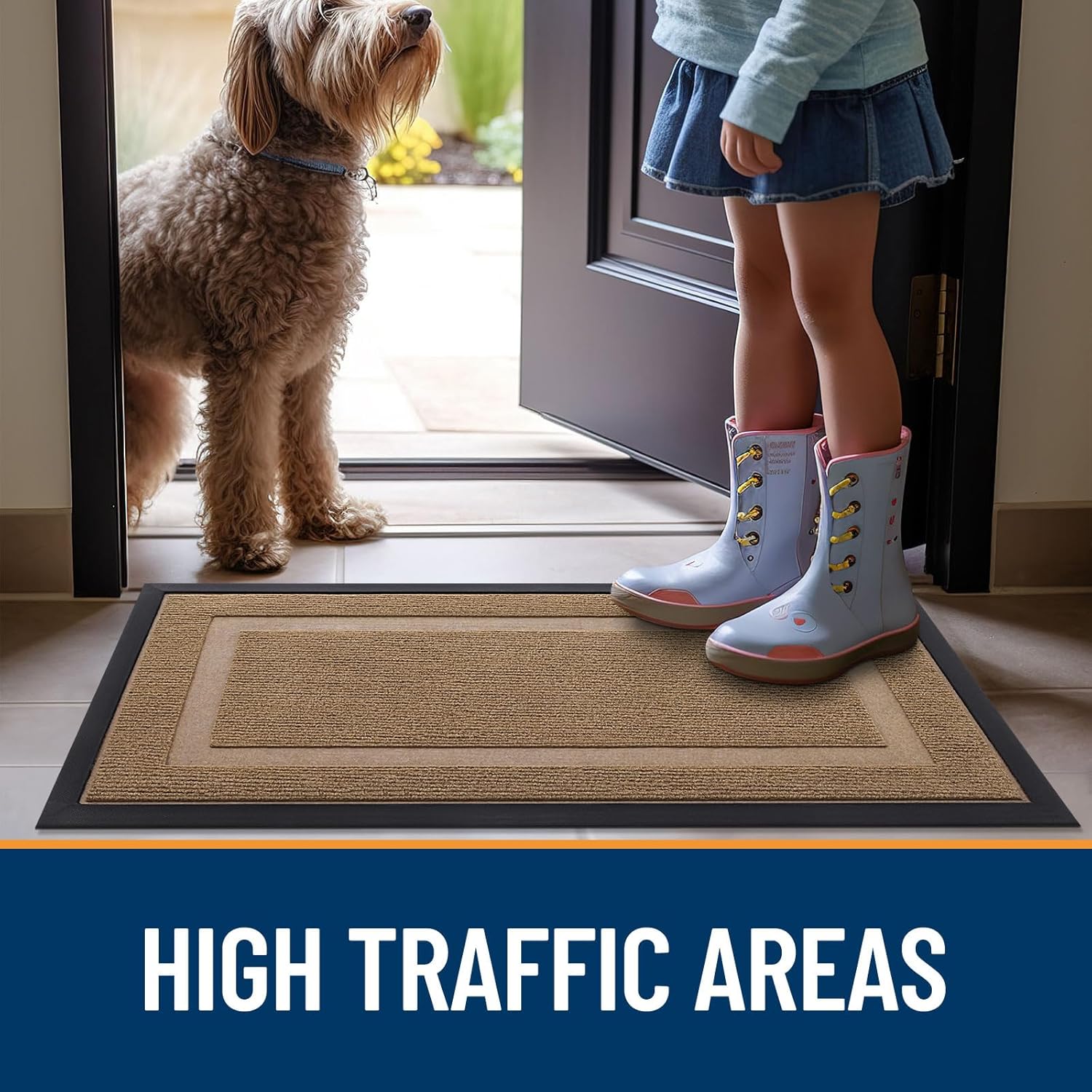 OLANLY Indoor Outdoor Front Door Mat - Waterproof All-Season Doormat, Sturdy Rubber, 29.5x17, Light Brown