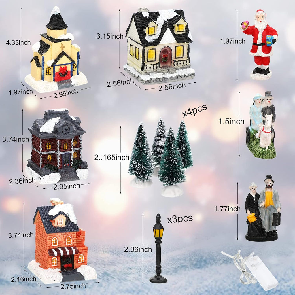 Queekay Christmas Village Set - 17 Pcs Lighted Resin Houses & Figurines | Winter Decorations for Indoor Use