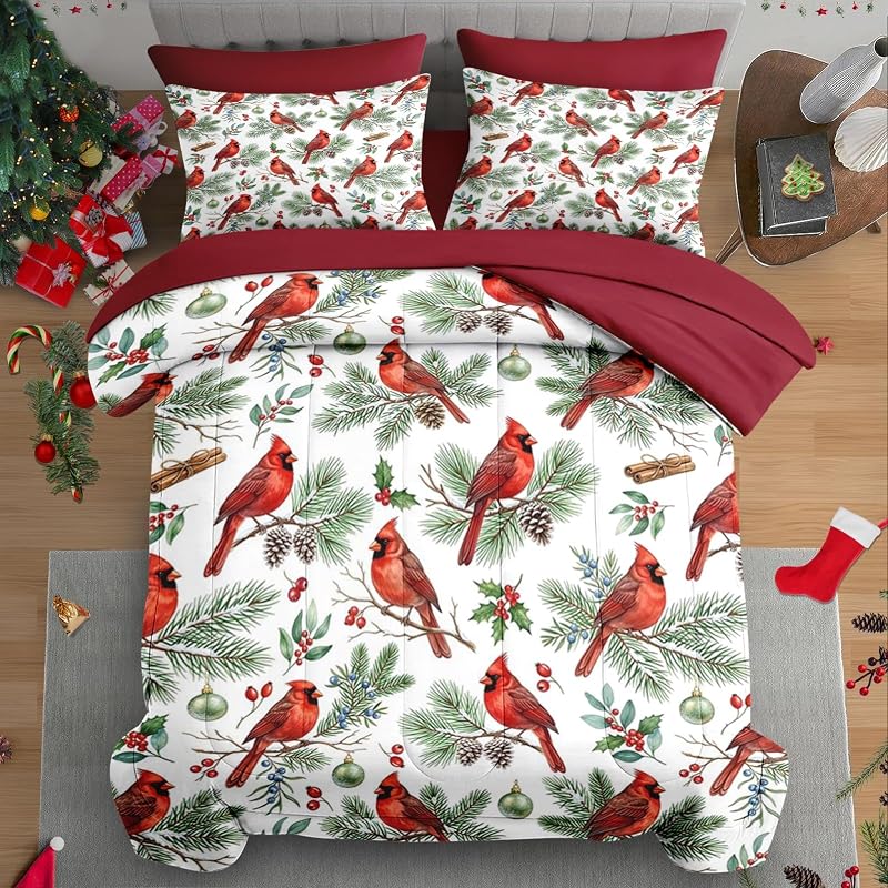 Queen Christmas Comforter Set with Sheets - 7 Pieces, Cardinal Variation