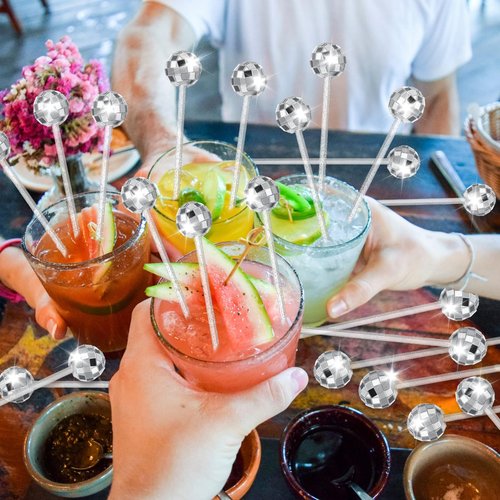 Thyle 120 Pcs Disco Ball Drink Stirrers 7.7'' Glitter Lolipop Stick Plastic Round Top Swizzle Stick Mirror Ball Cocktail Stir Disposable for Last Disco Bachelorette New Year Eve(Glitter Style)