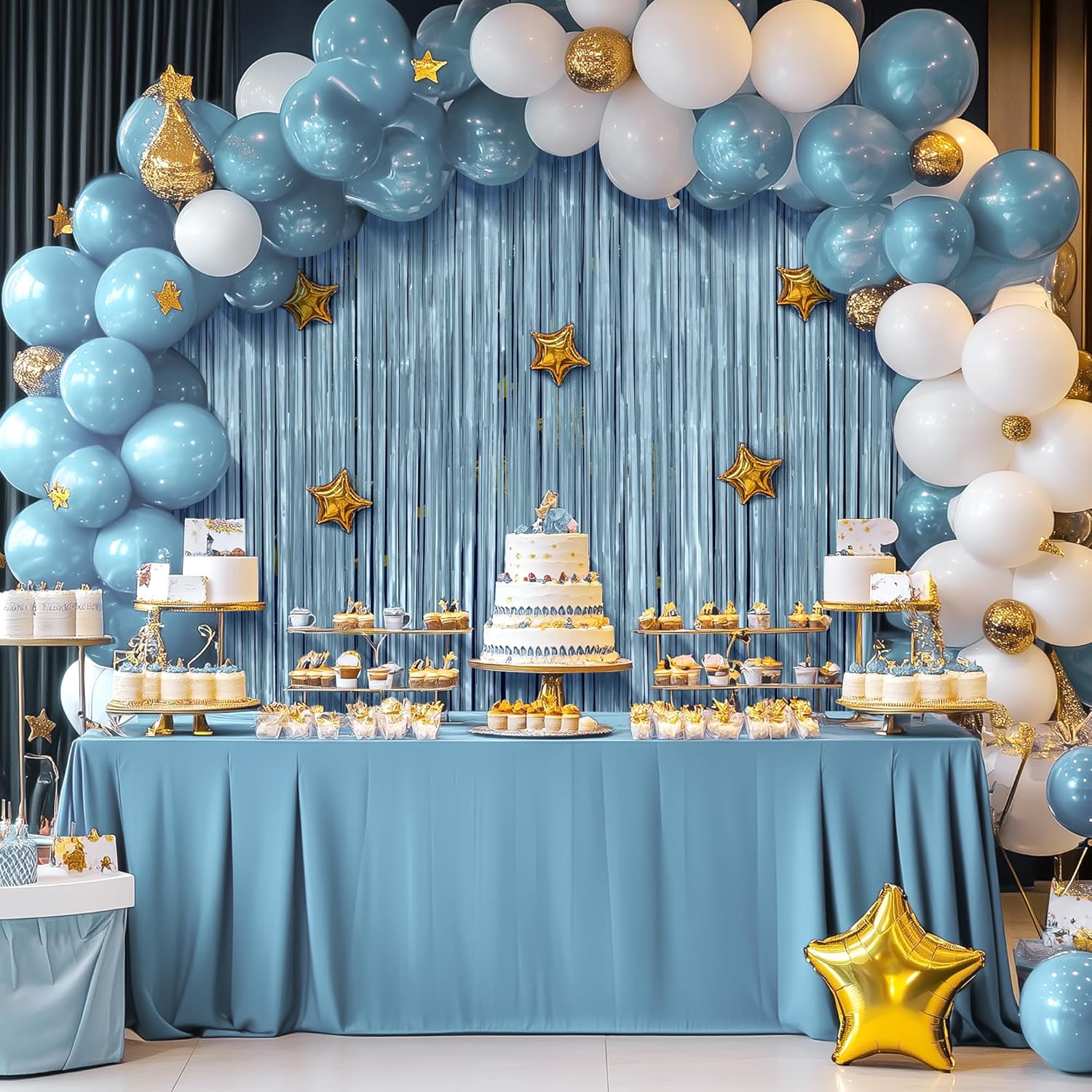 Skiennix 2 Pack Metallic Light Blue Fringe Backdrop - 3.2x8.2ft Shining Foil Tinsel Curtains for Parties & Events